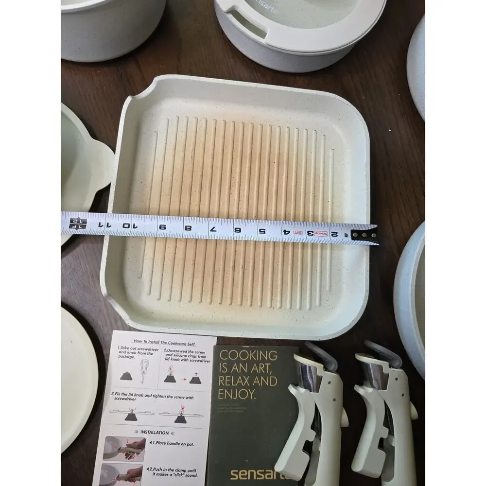 Sensarte 6 Cream Ceramic Coated Square Skillet Ribbed Fry Pans Pots Preowned‎